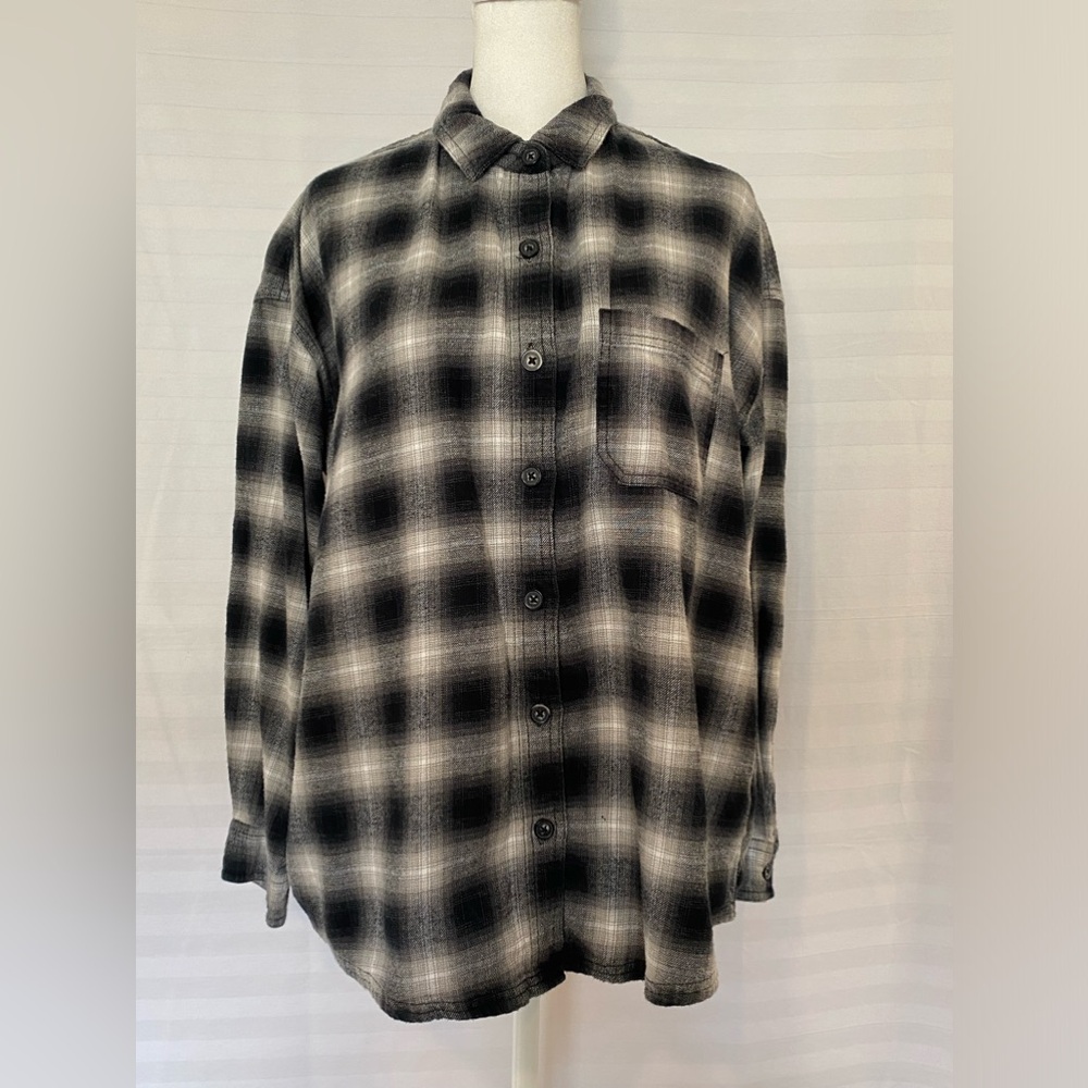 Garage Neutral Brushed Flannel Plaid Button Down Oversized XS/SM Hipster Grunge